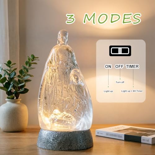 Nativity Snow Globe Holy Family Lighted Snowglobe Lantern with 6H Timer, Battery Operated Nativity Water Globe, White Nativity Scene Religious Decor Gift for Prayer Room, Church, Tabletop, Home Décor