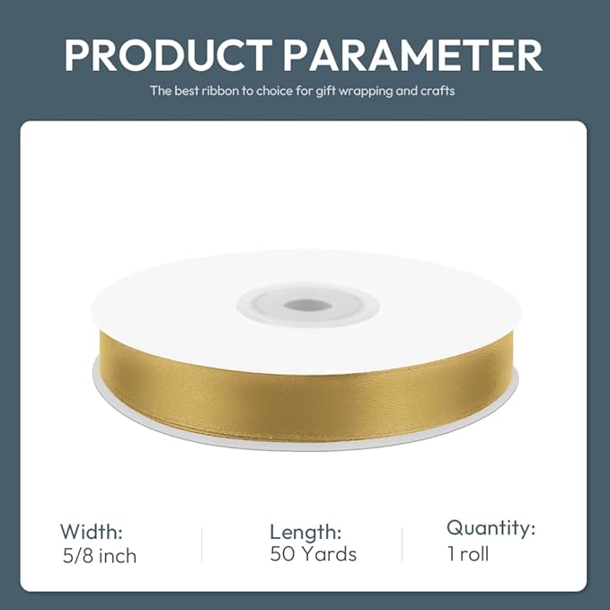 KMER LIFE 5/8" Wide x 50 Yards Golden Single Faced Polyester Satin Ribbon, Golden Satin Ribbon Perfect for Wedding Decor, Wreath, Crafts, Gift Wrapping & Other Projects (Golden)