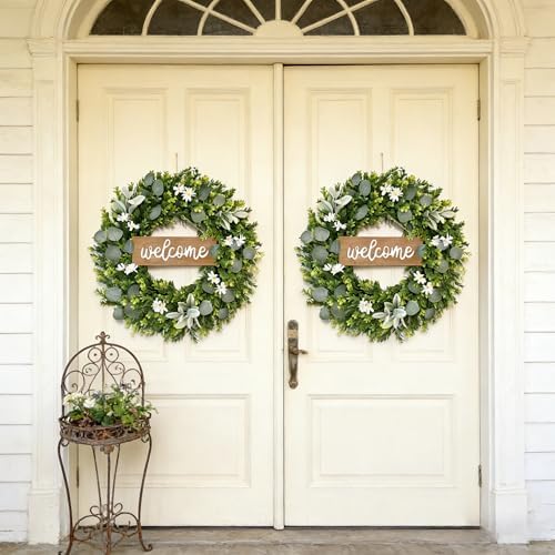 24inch spring wreaths for front door, faux boxwood, front angle view