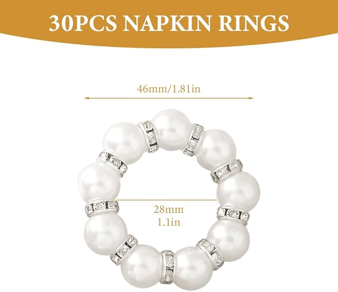 30Pcs Pearl Napkin Rings, Round Napkin Buckles Wedding Beaded White Napkin Rings Silver Napkin Ring Holder for Formal Dinner Reception Party Banquet Table Decor (Sliver)