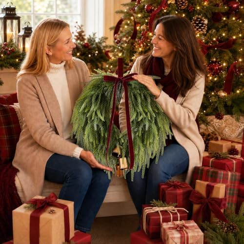24” christmas wreaths for front door, norfolk pine on a desk or shelf