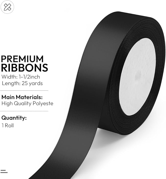 KMER LIFE Solid Color Black Satin Ribbon, 1 Inches x 25 Yards Fabric Satin Ribbon for Gift Wrapping, Crafts, Hair Bows Making, Wreath, Wedding Party Decoration and Other Sewing Projects