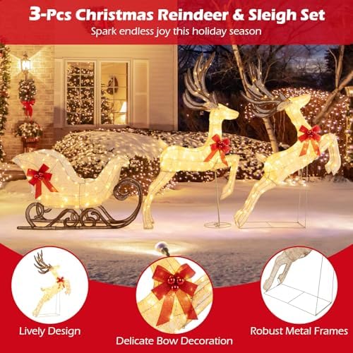 tangkula 3-piece christmas lighted reindeer & sleigh set showing dimensions