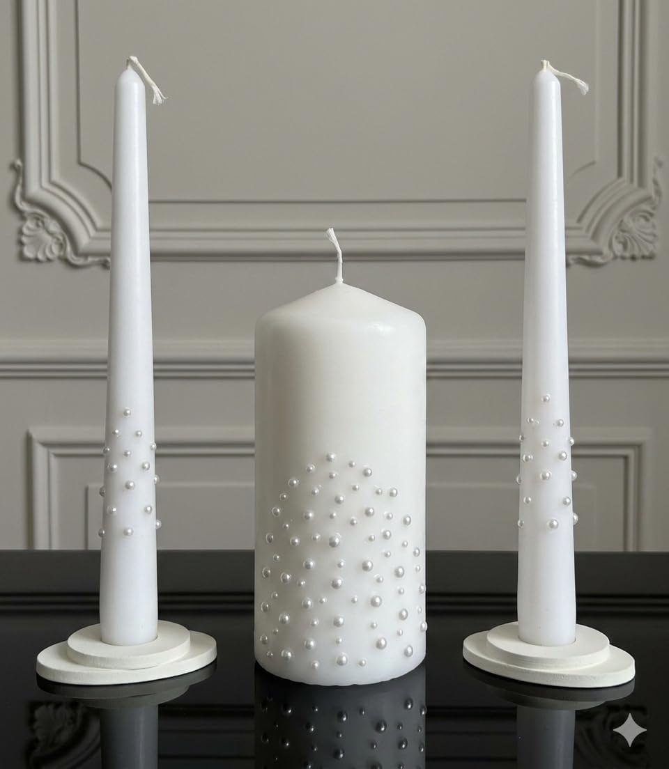 Unity Candle Set - Wedding Ceremony & Reception – 6” Pillar & Two 10” Taper Candles – Long Burning Unity Candles for Marriage Ritual – Handmade in USA – White| Pearls