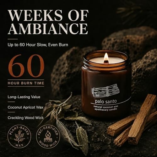 Hemlock Park Palo Santo Apothecary Scented Candle | Crackling Wood Wick, Botanical Fragrance & Coconut Apricot Wax | Up to 60 Hour Burn Time | 8 oz | Made in USA