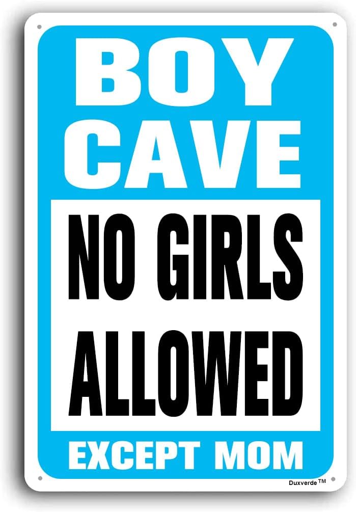 8"x12" Aluminum Sign, Boy Cave Signs No Girls Allowed Except Mom Sign, Blue Metal Sign for Little Man Cave Bedroom Living Room Wall Decor