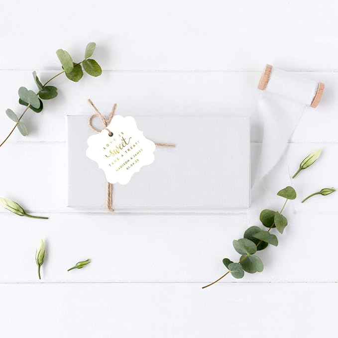 Andaz Press Personalized Fancy Frame Square Wedding Gift Tags, Metallic Gold Ink, Love is Sweet Take a Treat, 24-Pack, Custom Made Any Name, Gold Party Supplies