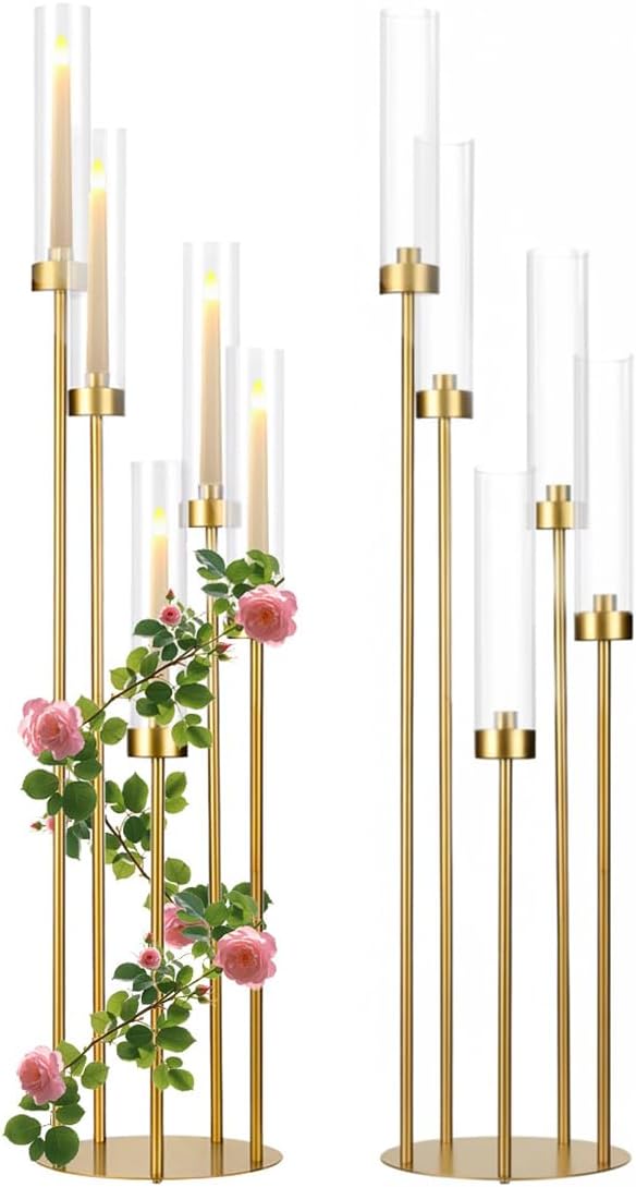 2PCS Floor Candle Holders for Wedding,Tall Acrylic Candelabra Centerpiece | 5 Arm Tables Candelabra for Party Christmas Concert,Fit LED Candle prom entrance decorations candelabros navideños