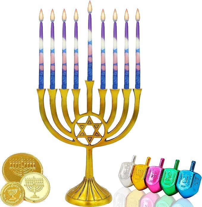 The Dreidel Company 45 Dripless Hanukkah Candles Blue and Pink Multi Splash, Premium Tapered Hand Decorated 1-Hour Burn Time Deluxe Tapered Hanukkah Candles