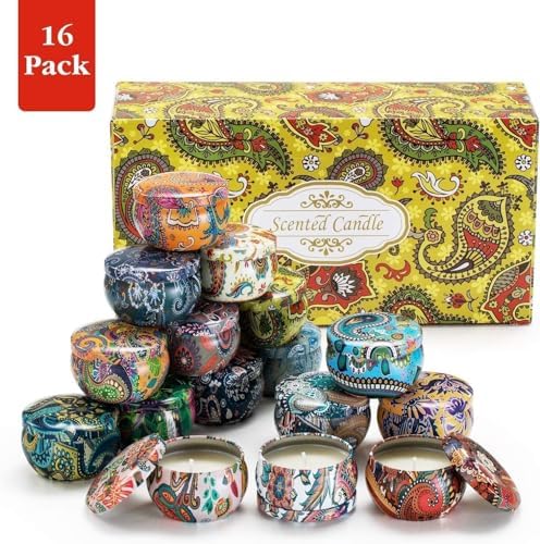 Howemon Scented Candles Gift Set, Natural Soy Wax Portable Travel Tin with Strongly Fragrance Essential Oils for Stress Relief and Aromatherapy - 16 Pack