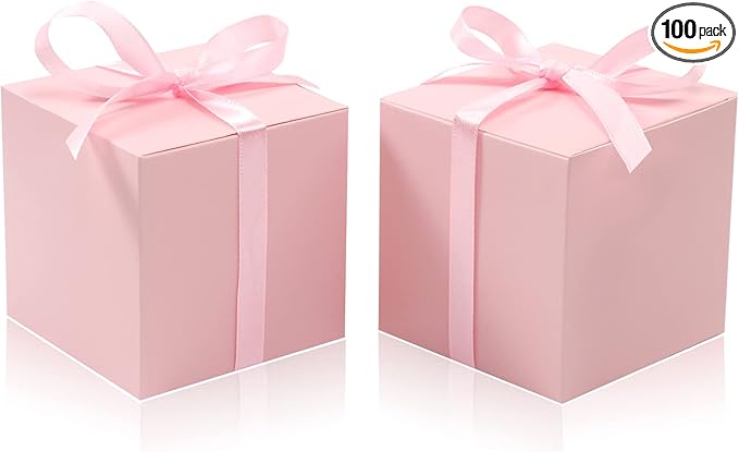 COTOPHER 100pcs Wedding Favor Boxes, Paper Gift Boxes 3x3x3 Inches Small Gift Boxes with Ribbons Small Boxes for Gifts, Crafting, Cupcake, Candy, Bridesmaid Proposal Boxes，Easy Assemble Boxes (Pink,