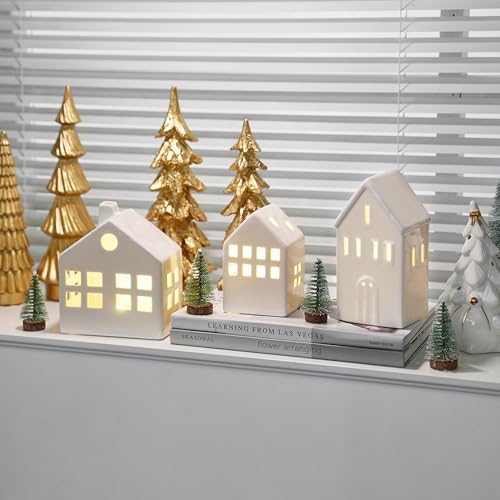 ceramic christmas village houses, white christmas houses with, close-up detail