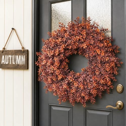 24" artificial fall boxwood wreath for front door shown in use