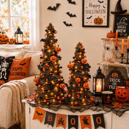 lighted halloween tabletop trees with timer, pumpkin bat shown in use