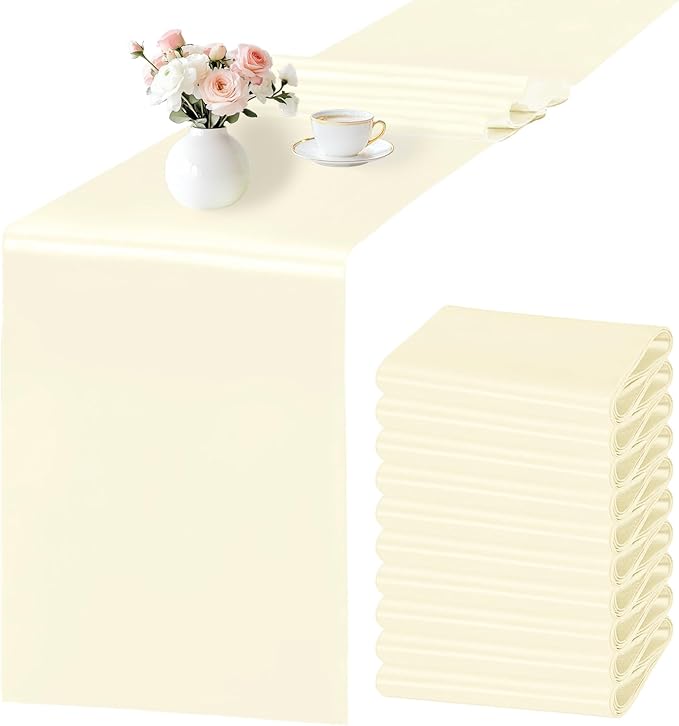 SHEJIZE 10 Pack White Satin Table Runner 12x108 Inches Long, Bright Silky Smooth Satin Table Runner Table Decor for Wedding Banquet Christmas Prom Event Birthday Party
