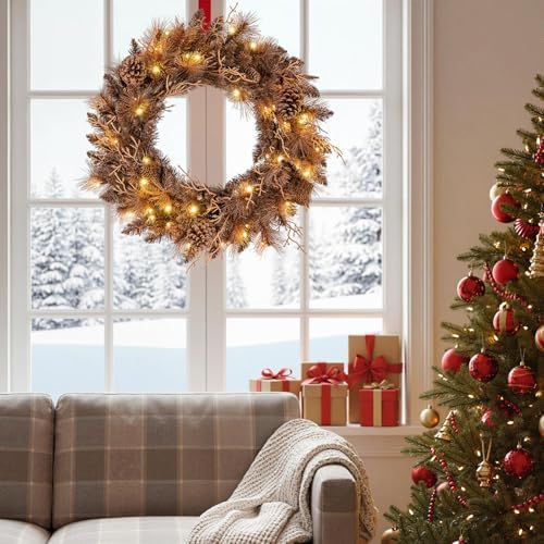 goplus 24 inch pre-lit christmas wreath, battery operated, front angle view