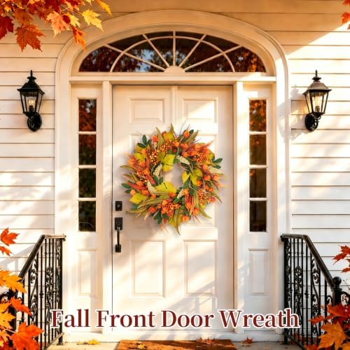 yangrass 24 inch fall harvest wreath for front, side view