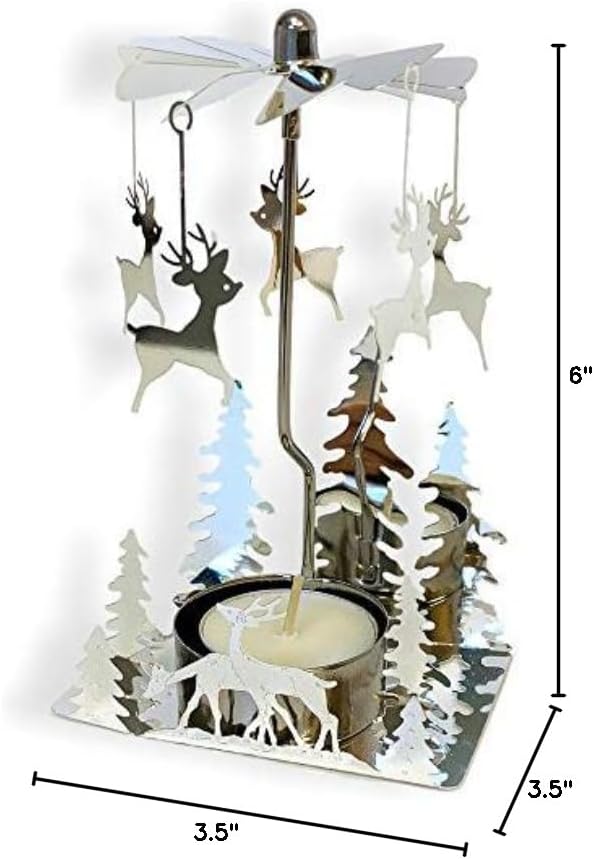 Spinning Reindeer Christmas Candle Holder with Rotating Hanging Charms – Scandinavian Holiday Tealight Candle Carousel, Christmas Tree Decorations, Metal Candle Spinner Centerpiece, 6 x 3.5 Inch