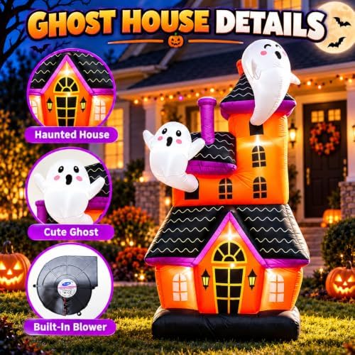 6 ft halloween inflatable haunted house with 2, close-up detail