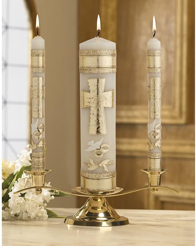 Hand Crafted Wedding Candle Set by Will & Baumer, Set of 3, Cross & Rings