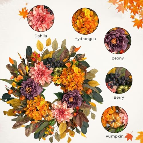 24" fall wreaths for front door outside,autumn wreath showing dimensions