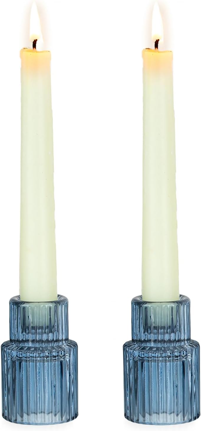 Hewory Glass Candlestick Candle Holder: 2PCS Blue Glass Taper Candle Holders for Table Centerpiece, Vintage Tapered Candlestick Holders for Christmas Centerpiece Wedding Party Holiday Home Decor