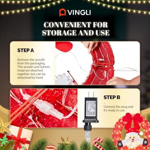 vingli 24 inch lighted christmas wreath with swinging, close-up detail