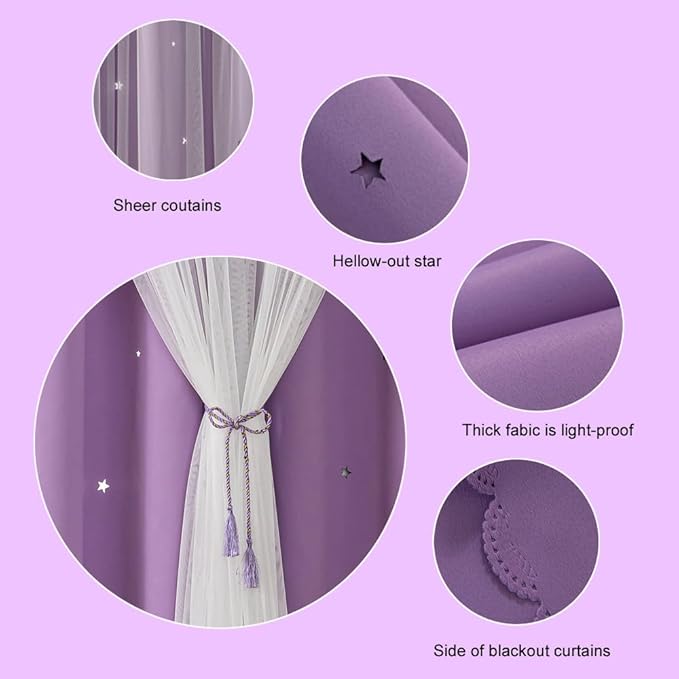 Ombre Rainbow Blackout Curtains for Kid Girls Bedroom Living Room Darking Stripe Double Layer Star Cut Out Wall Home Decor Gradient Grommet Window Curtains (Purple 63L)