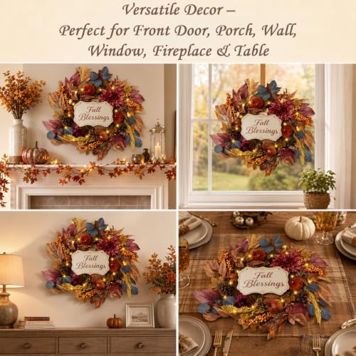 22 inch fall wreath for front door, artificial, side view
