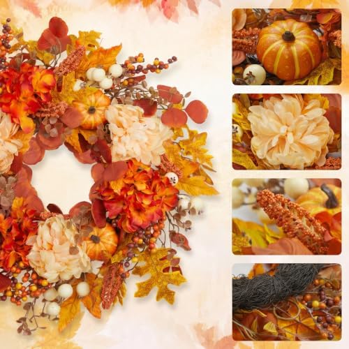 24 inch fall wreath for front door, artificial, side view