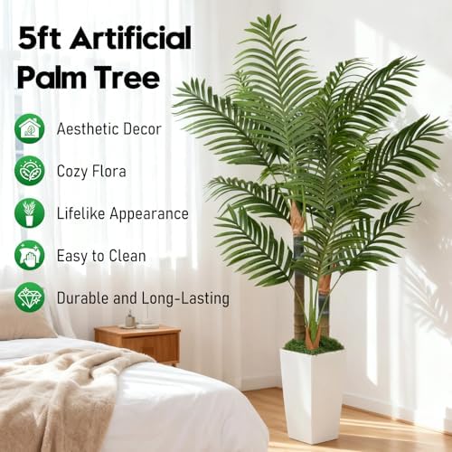 5ft artificial palm tree indoor plant，triple faux tropical shown in use