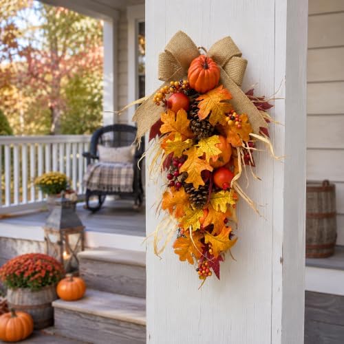 21 inch lighted fall teardrop swag with pumpkins, close-up detail