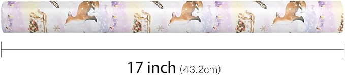 LeZakaa Christmas Reversible Wrapping Paper Roll, Watercolor Winter Forest Design with Fox Raccoon Christmas Tree Snowflake, for Kids Family, Winter Holidays, Mini Roll 17 in x 16.4 Ft