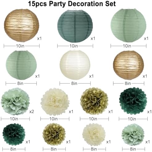 Sage Green Party Decorations, Paper Lanterns and Pom Poms Flowers for Birthday Party Baby Shower Wedding Shower Decor Gold/Ivory/Sage Green 15pcs