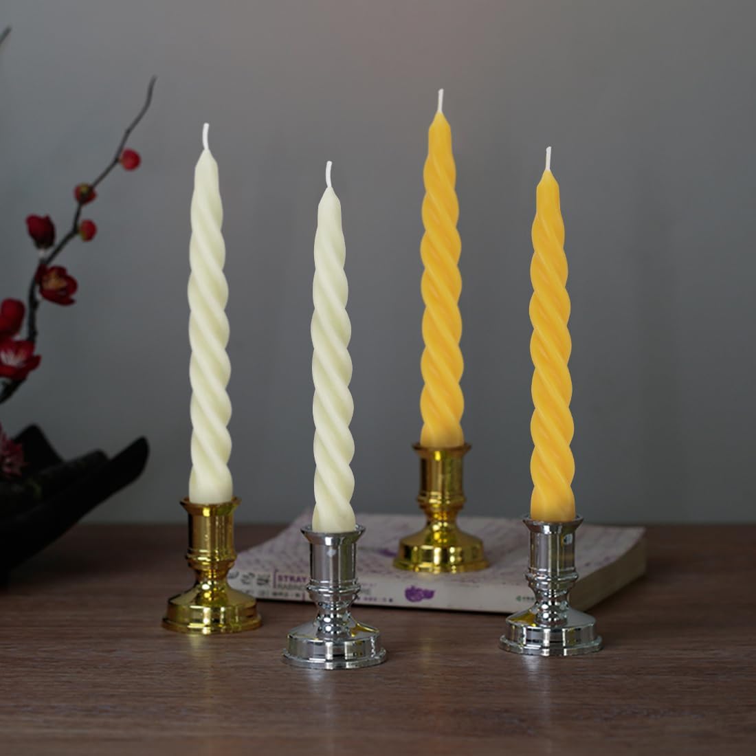 Beeswax Taper Candles Set of 4,Spiral Taper Candle Dripless Short Candle Sticks for Dinner Wedding Party Christmas Home Decorations - 7 inch in Height- Off White