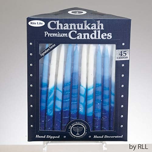 Rite -Lite Judaica Premium Chanukah Candles. Handcrafted, Tri-Color Blue/White Stripe. Box of 45