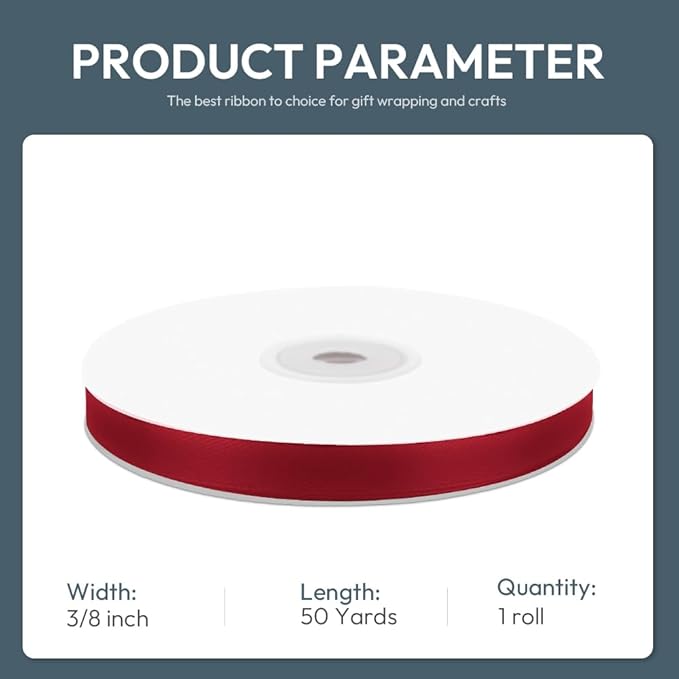 KMER LIFE 3/8" Wide x 50 Yards Wine Red Single Faced Polyester Satin Ribbon, Wine Red Satin Ribbon Perfect for Wedding Decor, Wreath, Crafts, Gift Wrapping & Other Projects (Wine Red)