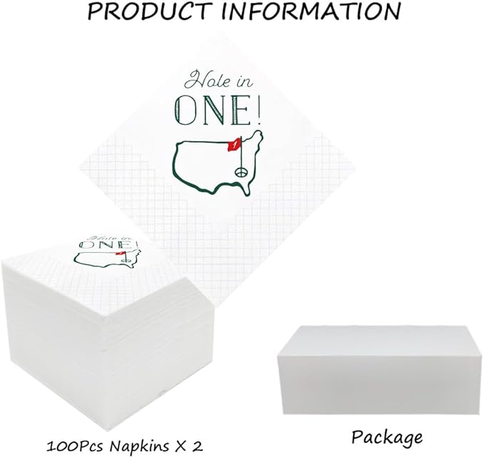 Golf Cocktail Napkins 2-Pack, 200 Count Hole in One First Birthday Golf Themed Paper Disposable Napkins for Baby 1st Hole In One Birthday Decorations, Golf Party Supplies, 2-Ply, 5x5 Inches