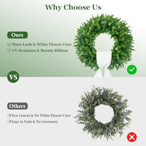 24'' boxwood wreaths front door, foldable green wreath showing dimensions