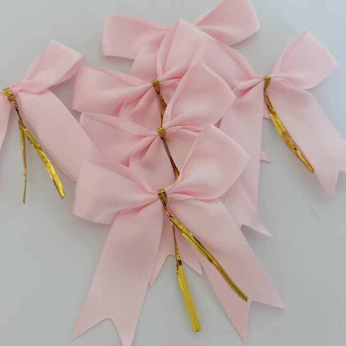 50pcs 3.5" Double Face Satin Pink Bows with Twist Ties Bows Wine Bows Tie with Fish Tail Cutting (Pink)