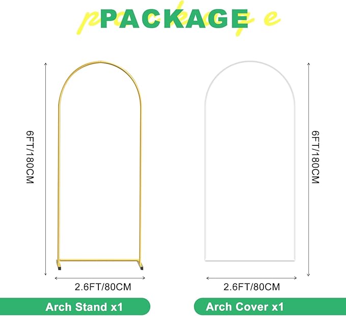 Metal Arch Backdrop Stand and Cover Set, 6FT White Reusable Spandex Fitted Backdrop Cover and Gold Wedding Arch Frame for Baby Shower, Birthday, Parties Decoration.