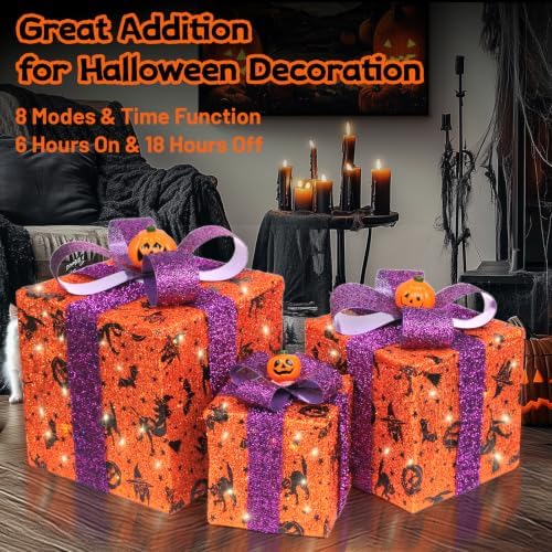 3 pieces lighted boxes halloween decorations, lighted gift showing dimensions