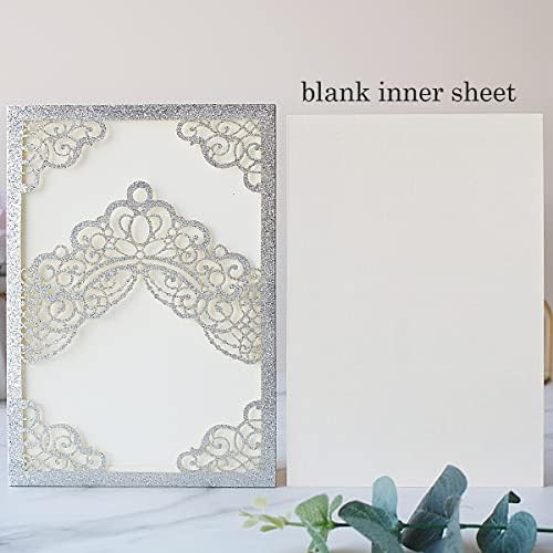 Hosmsua 50PCS 5.1x7.3 Inch Silver Glitter Quinceanera Invitations Cards Laser Cut Floral Crown Pocket Invitation with Envelopes for Birthday Bridal Shower