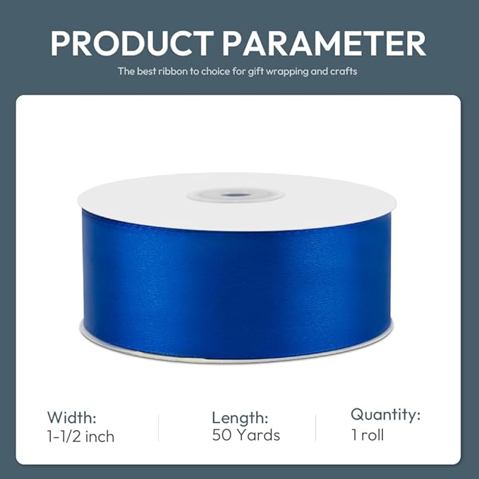KMER LIFE 1-1/2" Wide x 50 Yards Single Faced Polyester Satin Ribbon, Royal Blue Satin Ribbon for Wedding Decor, Wreath, Crafts & Gift Wrapping
