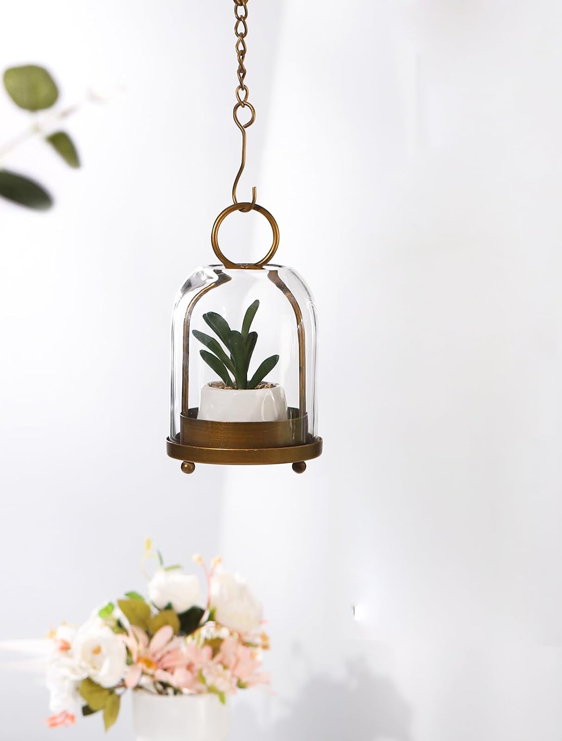 7.5" High Versatile Modern Metal Hurricane Lantern with Handmade Sturdy Glass Dome in Vintage Brass for 2" Pillar Candle & Plants, Industrial, Farmhouse, Shabby Chic (Brass, 4" x7.5 for 2" Pillar)