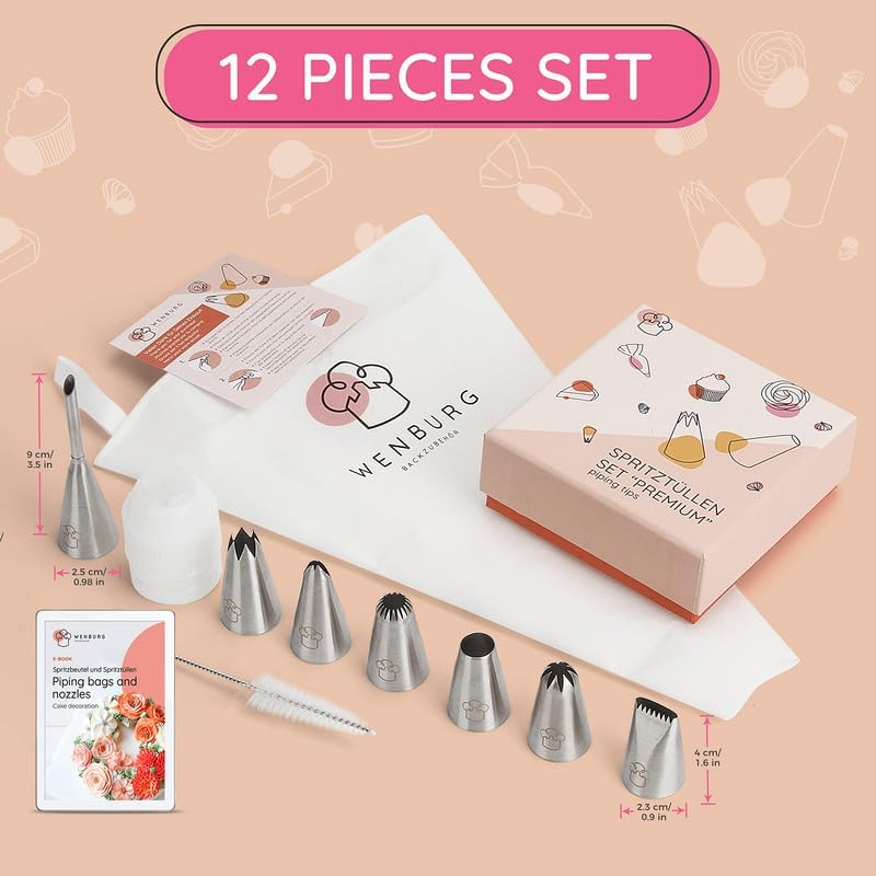 Wenburg Versatile & Easy-to-Clean Large Icing Piping Bags and Tips Set - Reusable 7 Large Icing Tip for Cake Decorating - Cotton Icing Bag - Coupler I Professional Cupcake Kit, Premium Baking Supplies