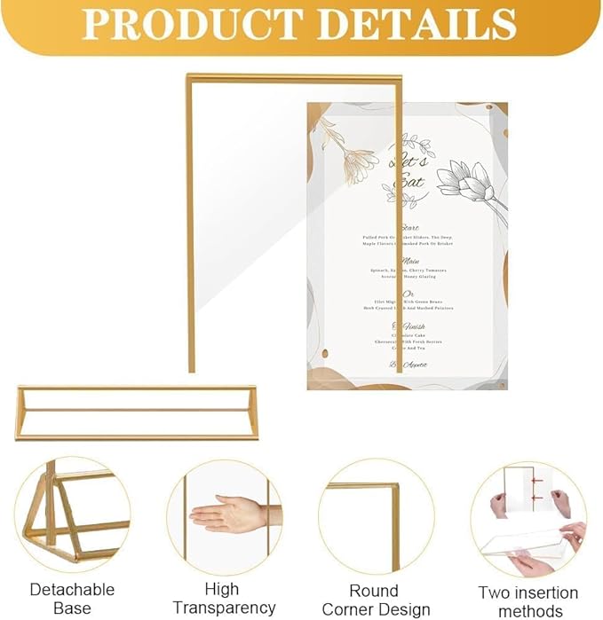 20PCS Acrylic Sign Holder, 4x6 Double Sided Gold Picture Frame Clear Wedding Table Numbers for Party, Restaurant Sign, Menu, Photo