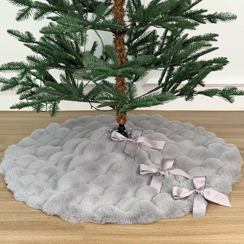 36-Inch Puff Quilt Faux Fur Christmas Tree Skirt, Soft Plush Tufted Texture with Satin Ribbon Ties, Cloud Gray