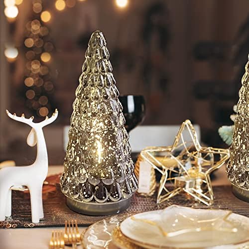 silver tabletop christmas tree 3pcs, small mercury glass shown in use