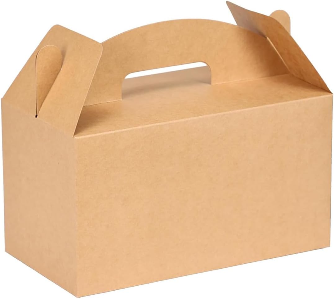 Grevo Brown Treat Box with Handle, 12Pcs, 9.45"x5"x5" Durable & Sturdy Cardstock Gable Boxes for Wedding, Baby Shower, Kids Birthday, Party Favor, Holidays Gifts